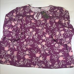 LEE Purple and Pink Floral 3/4 Sleeve Scope Neck Blouse Sz 2X